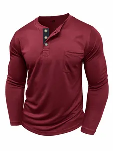 Men's casual burgundy long-sleeved Henley shirt featuring chest pocket and buttons