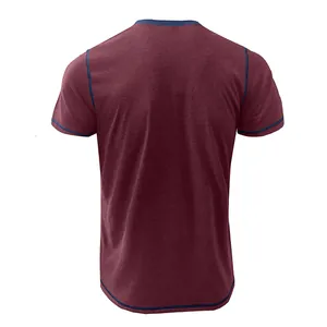 Back view of men's burgundy t-shirt with blue contrast stitching details