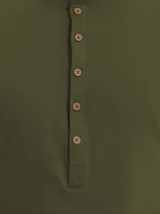 Close-up detail of olive green cotton Henley shirt featuring five brown wooden buttons