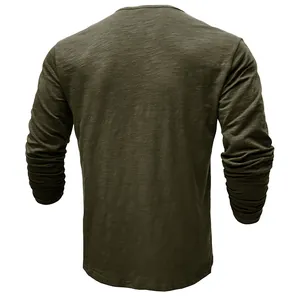 Detailed back view of men's olive green long-sleeved shirt showing slub cotton texture