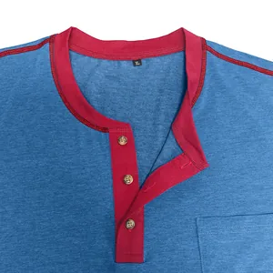 Close-up detail of blue and red color block Henley t-shirt neckline and buttons