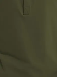 Close-up detail of dark olive green cotton Henley shirt fabric with reinforced stitching
