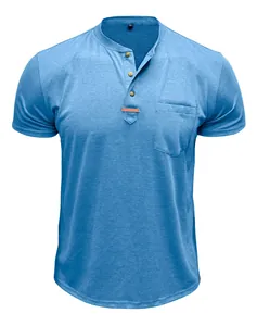 Detaillierte Ansicht des blauen Retro-Henley-Kurzarmshirts im amerikanischen Stil