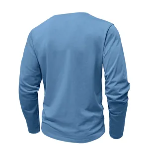 Back view of a minimalist light blue long-sleeved cotton T-shirt for men in high quality