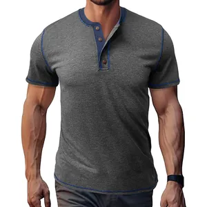 Men's grey Henley t-shirt with blue contrast stitching and short sleeves detail