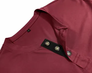 Detail of burgundy men's casual shirt showing the V-neckline and button placket