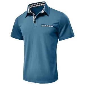 Close-up detail of a teal men's short-sleeved Polo shirt featuring gingham patterned collar