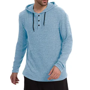 Close-up of men's ribbed hooded T-shirt with button neckline and drawstring details