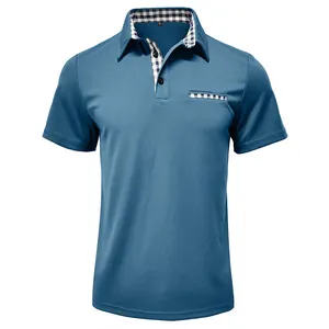 Detailed view of a blue moisture-wicking men's polo shirt with stylish checkered collar accents