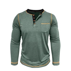 Men's sage green long sleeve Henley T-shirt with orange contrast stitching and pocket
