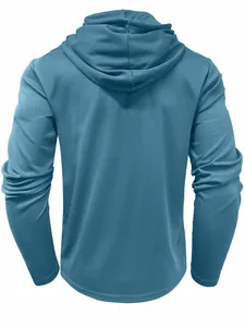 Vista posteriore di una felpa sportiva blu traspirante da uomo con cappuccio e coulisse