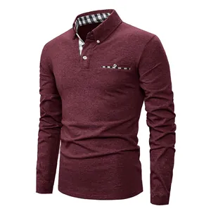 Detailed view of maroon polo shirt with checkered collar lining and chest pocket trim.