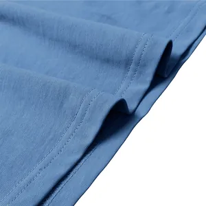 Close-up detail of blue men's T-shirt showing high-quality stitching and fabric texture