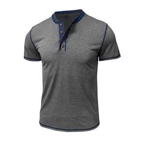 Men's heather gray Henley t-shirt featuring navy contrast stitching and three buttons