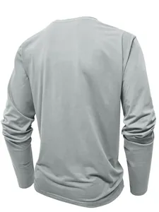Detailed back view of a men's classic grey long-sleeved henley shirt in soft fabric