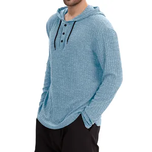 Detailed macro view showing the ribbed texture of this men's blue hooded button T-shirt