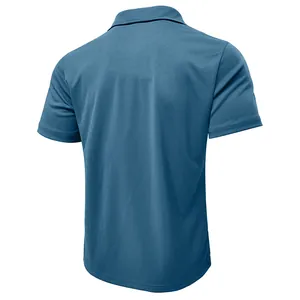 Back view of a breathable blue sports polo shirt for men with a casual summer style