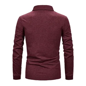 Back view of a maroon long-sleeved polo shirt showing textured heathered fabric detail