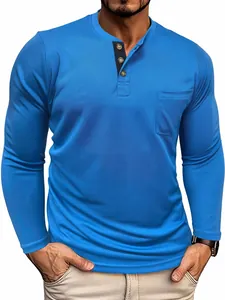Detailed macro view of a men's blue long-sleeve Henley t-shirt with pocket detail