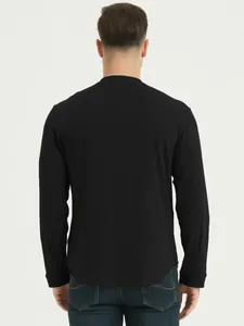 Detailed back view of men's black long sleeve cotton Henley shirt featuring a curved hem line