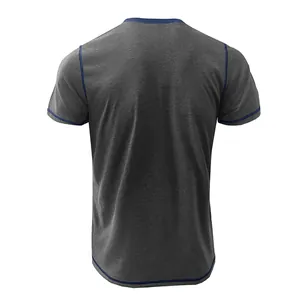 Rear view of men's grey heather short sleeve t-shirt with navy blue contrast trim details