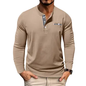 Detail of khaki men's long sleeve Henley shirt with checkered placket and pocket