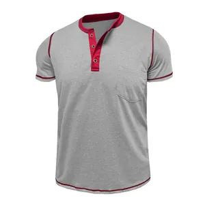 Men's casual short sleeve Henley T-shirt with burgundy contrast collar and chest pocket