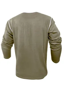 Back view of men's long-sleeved olive green T-shirt with white contrast stitching