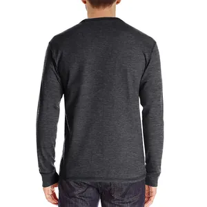 Back view of a charcoal heather men's long-sleeve T-shirt showing fit and fabric texture.