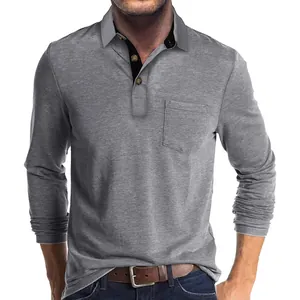 Polo à Manches Longues pour Hommes en Mélange de Coton Décontracté Couleur Unie Revers Top Col Contrasté Patchwork Polo Homme