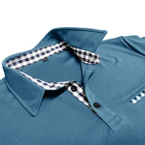 Close-up detail of blue men's polo shirt with stylish checkered collar trim