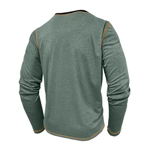 Back view of a green heathered men's long sleeve T-shirt with orange contrast stitching.