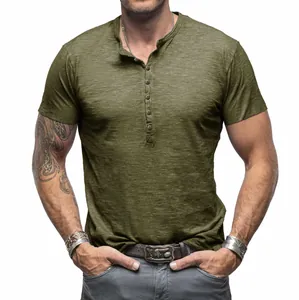 Men's casual olive green slub cotton short sleeve Henley T-shirt with button placket