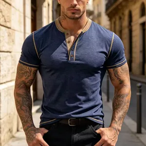 Men Casual Short Sleeve Henley Shirt Slim Fit Contrast Stitching Round Neck T-Shirt Summer Solid Color Heather Textured Top