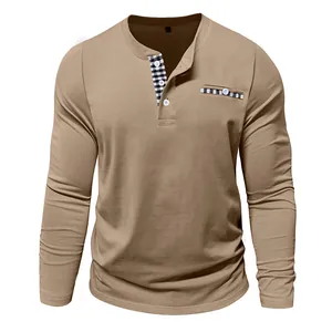 Detailed view of a men's khaki long-sleeve Henley shirt with plaid trim on the placket.