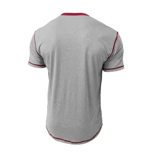 Rear view of grey men's t-shirt with red contrast stitching and curved hem detail