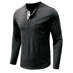 Detail view of men's long sleeve Henley shirt with contrast white placket and chest pocket
