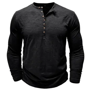 Men's black slub cotton Henley shirt detail showing texture and wooden button placket
