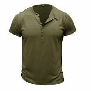 Detailed view of olive green slub cotton Henley shirt showing buttons and texture