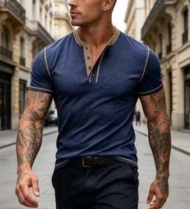 Detailed view of a slim fit short-sleeved navy blue Henley shirt with contrast trim