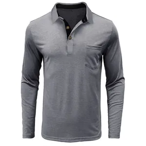Polo gris à manches longues pour hommes avec poche poitrine et col contrasté noir chic