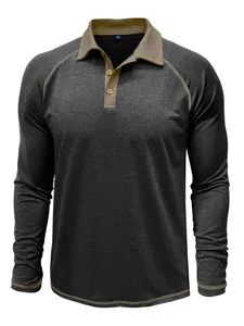 Vue détaillée d'un polo à manches longues pour homme en gris et kaki avec étiquette XL