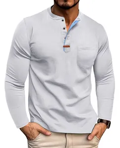 Detail shot of men's long sleeve Henley shirt with contrast blue placket and pocket