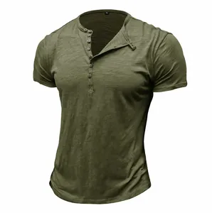 Detail view of army green slub cotton Henley T-shirt with a button-down collar design.