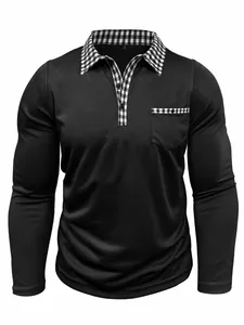 Polo homme noir manches longues avec col à carreaux et poche poitrine