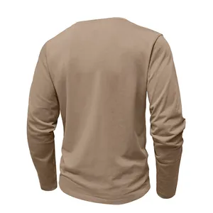 Detailed back view of a men's khaki long-sleeve T-shirt with premium fabric texture.