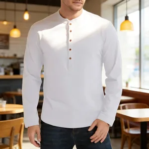 Men's Long Sleeve Henley Shirt Pure Cotton Antibacterial Solid Color Button Casual Base Layer T-Shirt Slim Fit Top