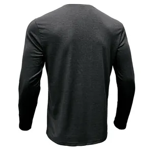 Rear view of a premium charcoal grey men's slim-fit long-sleeve T-shirt on white background