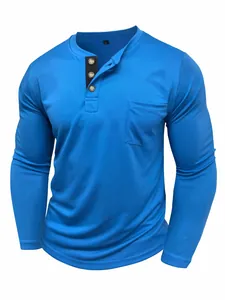 Close-up of blue long-sleeve Henley shirt with chest pocket and button placket detail