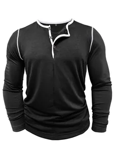 Detailed view of men's black long-sleeve Henley shirt featuring white contrast trim